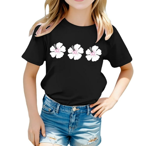 Hienoo Big Girls T-Shirt Flower Short Sleeve Crew Neck T Shirt Children's Summer Tshirt