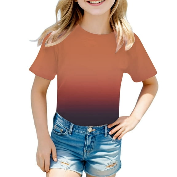Hienoo Big Girls' T-Shirt Gradient Short Sleeved T Shirt Versatile Pullover Tshirt