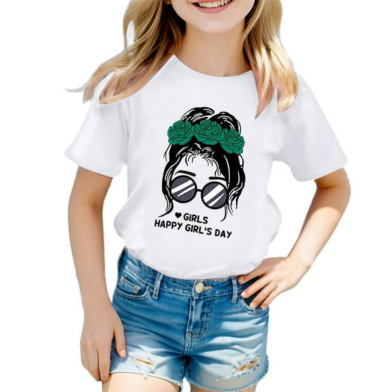 Hienoo Big Girls' Tee Short Sleeved Graphic T Shirt Versatile Pullover T-Shirt