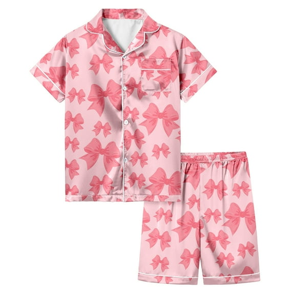 Hienoo Big Girls Valentine's Day Pajamas Bow Prints Short Sleeve Shirt and Shorts Sleepwear, Sizes 3-13