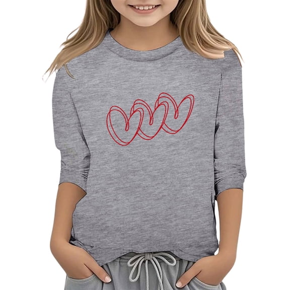 Hienoo Big Girls Valentine's Day Tee Shirt Heart Printed 3/4 Sleeve Casual T-Shirt Top