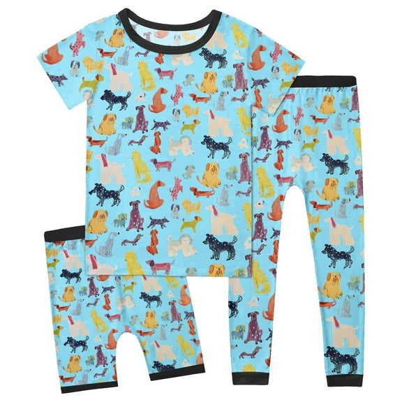 Hienoo Boy 3 Piece Pajamas Dog Print Short Sleeve Top Shorts Pants Sleepwear Clothes Set, Sizes 2-14