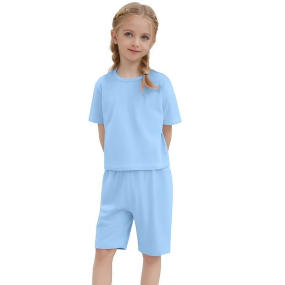 Hienoo Boy Girl Casual Active Outfits Solid Cotton Short Sleeve T Shirt Shorts Set