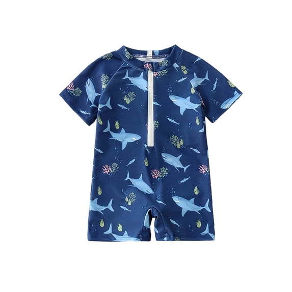 Hienoo Boy'S Shark Print UPF50+ Short Sleeve Rash Guard One-Piece Swimsuit, Sizes 0-3T