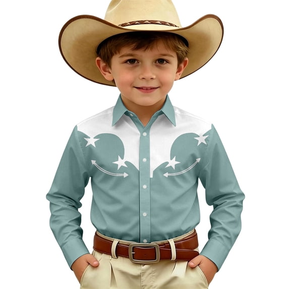 Hienoo Boy's Long Sleeve Western Shirt Kids Vintage Button-Down Cowboy Shirt, Sizes 4-13