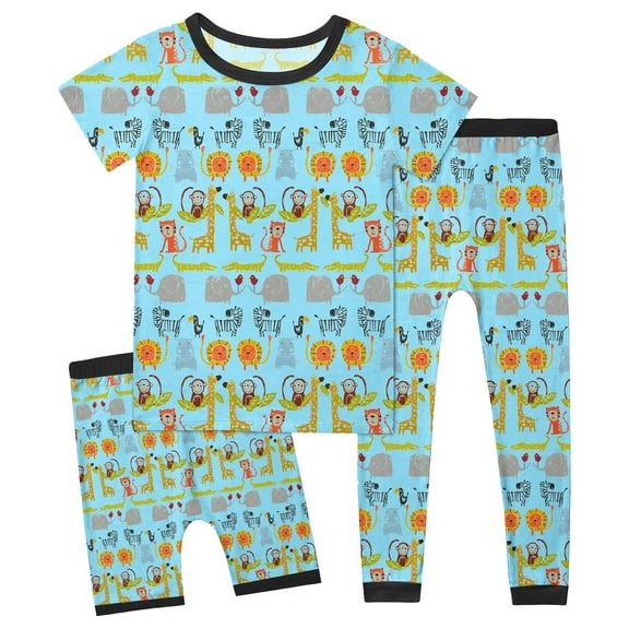 Hienoo Boys 3-Piece Pajamas Animal Print Short Sleeve Top Shorts Pants Sleepwear Outfits, Sizes 2-14
