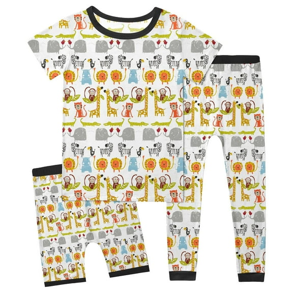 Hienoo Boys 3-Piece Pajamas Animal Print Short Sleeve Top Shorts Pants Sleepwear Outfits, Sizes 2-14
