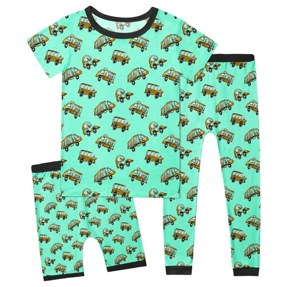 Hienoo Boys 3-Piece Pajamas Car Prints Short Sleeve T Shirt Shorts Pants Set, Sizes 2-14