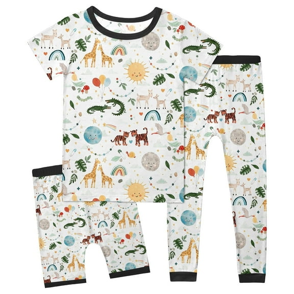 Hienoo Boys 3Pcs Pajamas Animal Print Short Sleeve Top Shorts Pants Sleepwear Set, Sizes 2-14