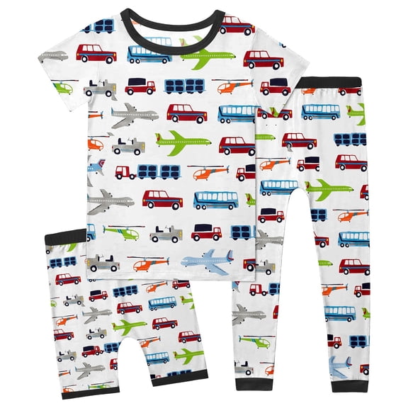 Hienoo Boys 3Pcs Pajamas Vehicles Print Short Sleeve Tshirt Shorts Pants Loungewear Set, Sizes 2-14