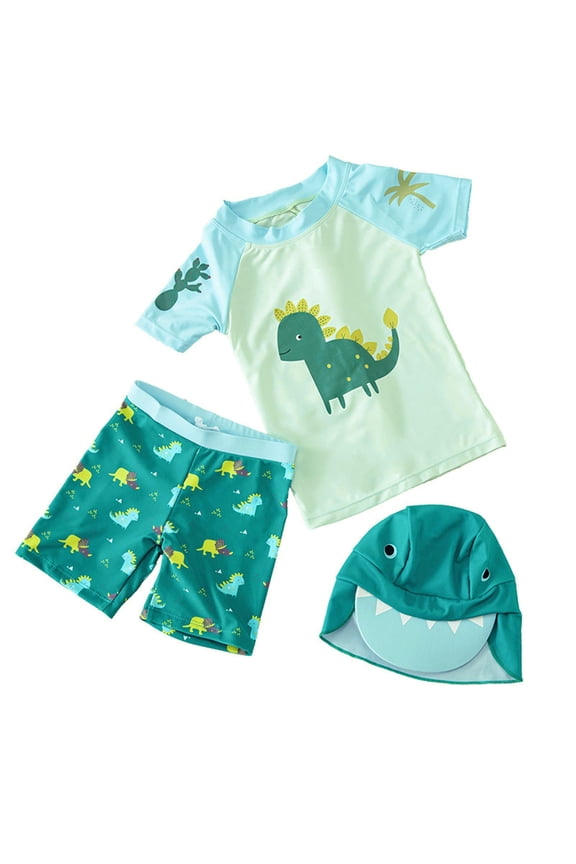 Boys 3Pcs Swimsuit Cartoon Dinosaur Print Rash Guard Swim Trunks Sun Hat Bathing Suit, Sizes 2-7