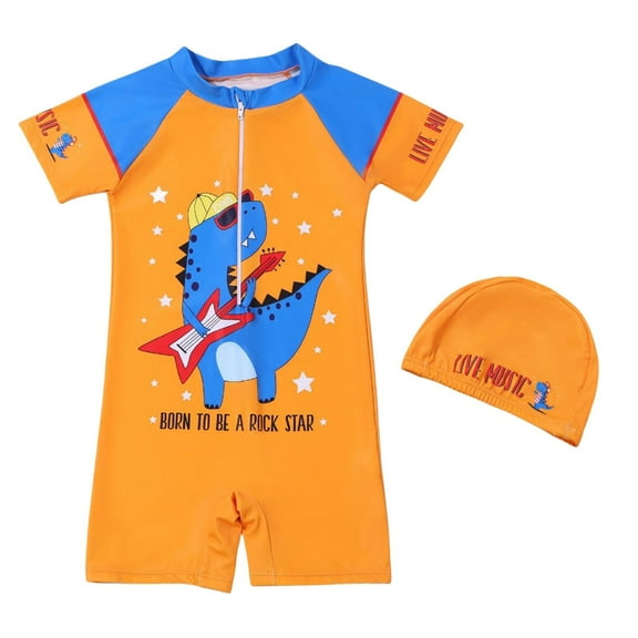 Hienoo Boys Bathing Suit Cartoon Dinosaur Print Zipper One-Piece Swimsuit & Swim Hat, Sizes 2-13