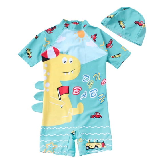 Hienoo Boys Cartoon Dinosaur Swimsuit Short Sleeve Rash Guard UPF50+ Bathing Suit, Sizes 2-10