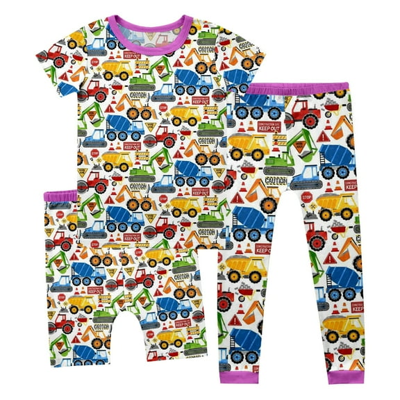 Hienoo Boys Cartoon Excavator Truck Print Short Sleeve Top Shorts Pants Pajamas,3-Piece, Sizes 11-12