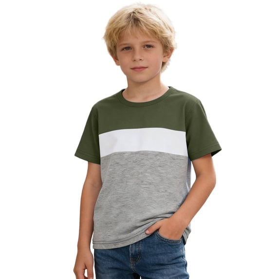 Hienoo Boys Casual Short Sleeve T-Shirt Summer Color Block Crew Neck T Shirt, Sizes 3-13