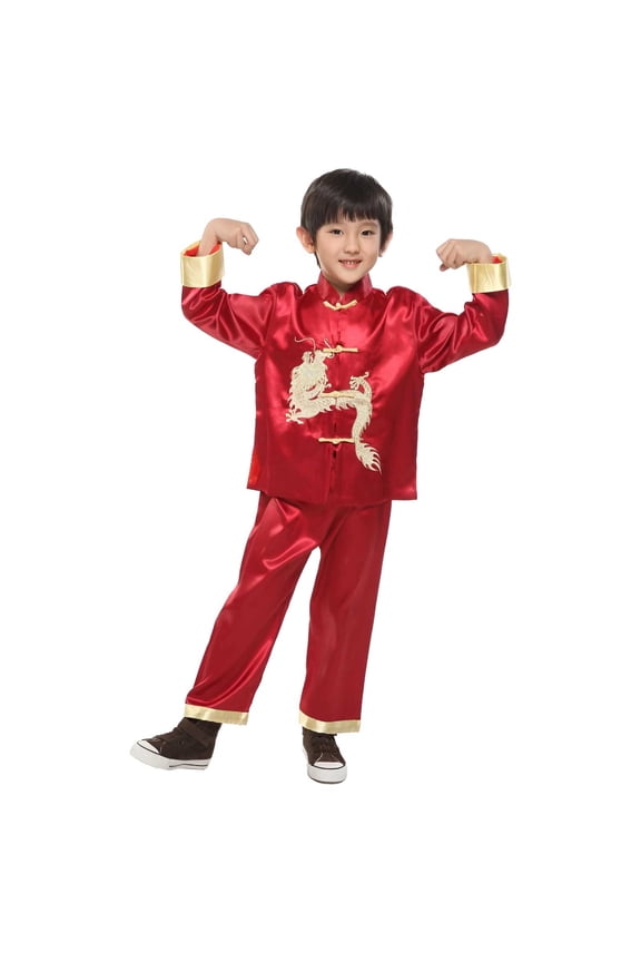 Boys' Chinese Tang Suit Dragon Embroidered Long Sleeve Performance Outfits