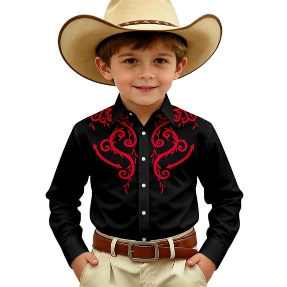 Hienoo Boys Cowboy Long Sleeve Shirt Vintage Western Print Button-Down Shirt, Sizes 4-13