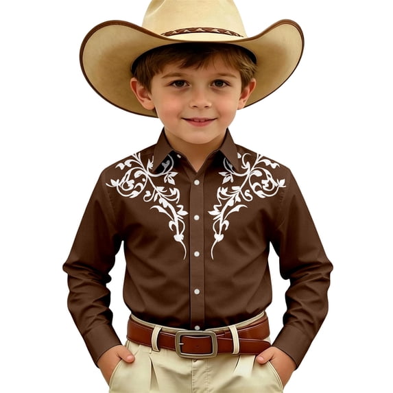 Hienoo Boys Long Sleeve Cowboy Shirt Casual Button Down Western Shirt, Brown