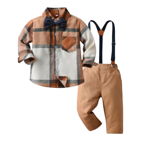 Hienoo Boys Outfits Plaid Long Sleeve Button-Down Shirt Suspenders Pants Set
