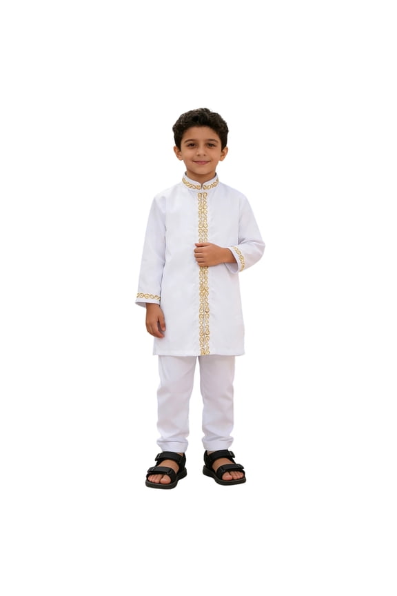 Boys Outfits Robe Suit Thobe Arab Embroidery Long Sleeve Top Pants Set