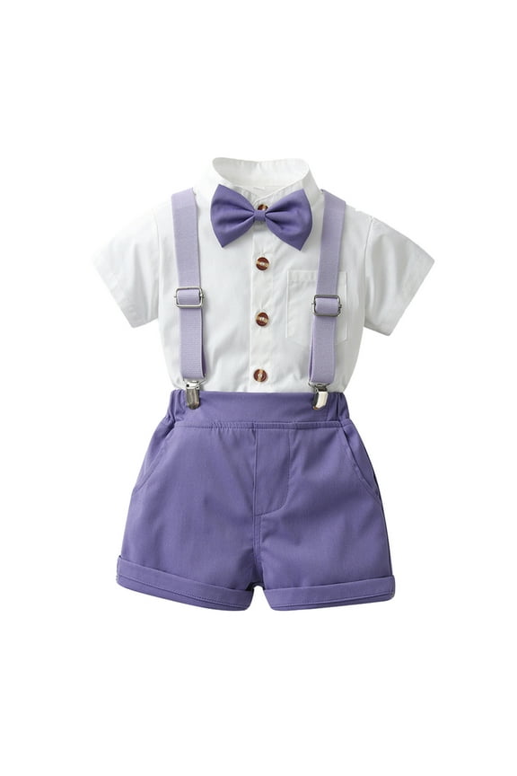 Boys Outfits Short Sleeve Button-Down Shirt Suspender Shorts Bow-Tie Set, Sizes 6-8