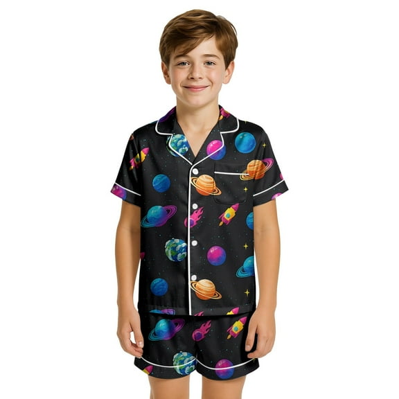 Hienoo Boys Pajama Set Planet Print Short Sleeve Shirt & Shorts Sleepwear Set, Sizes 2-13