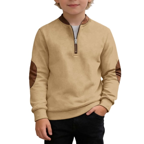 Hienoo Boys Quarter Zip Pullover Sweatshirt Spring Fall Long Sleeve Sweatshirts, Khaki