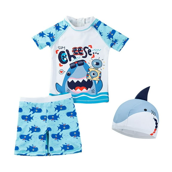 Hienoo Boys Quick Drying Swimsuit Cartoon Shark Print Rash Guard Swim Trunks Hat, 3-Piece