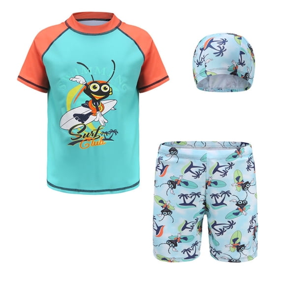 Hienoo Boys Quick Drying Swimsuit Rash Guard Swim Trunks Hat Swimwear Set, 3-Piece, Sizes 5-16