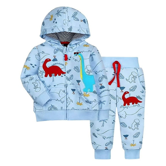 Hienoo Boys Sports Outfits Long Sleeve Dinosaur Zip-Up Hoodie Sweatpants Suit, Sizes 0-4T