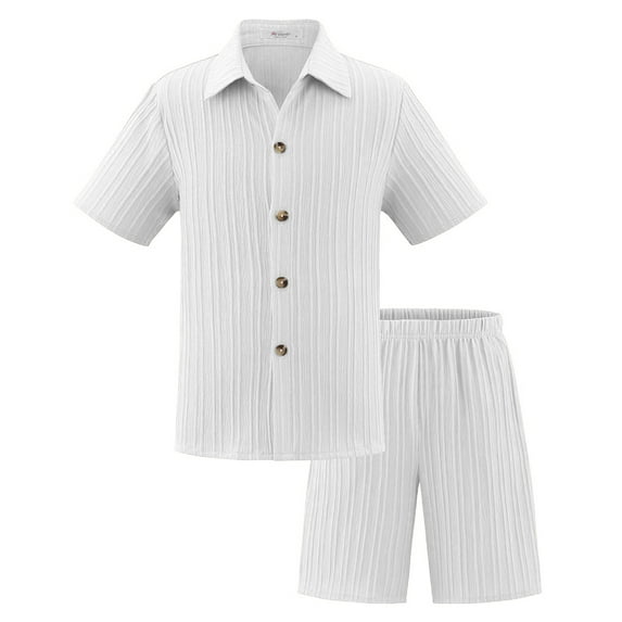 Hienoo Boys Summer Casual Outfits Solid Color Short Sleeve Button-Down Shirt & Shorts Set
