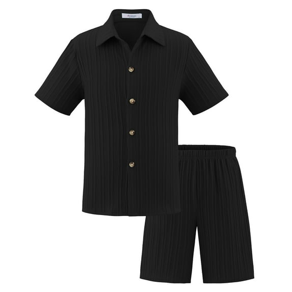 Hienoo Boys Summer Casual Outfits Solid Color Short Sleeve Button-Down Shirt & Shorts Set