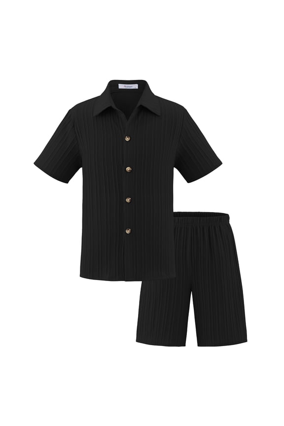 Boys Summer Casual Outfits Solid Color Short Sleeve Button-Down Shirt & Shorts Set