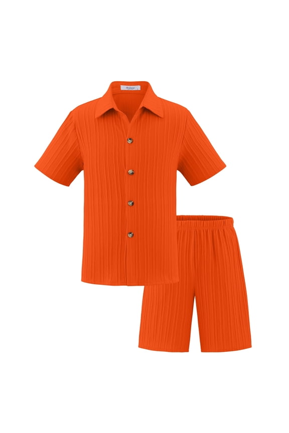 Boys Summer Casual Outfits Solid Color Short Sleeve Button-Down Shirt & Shorts Set