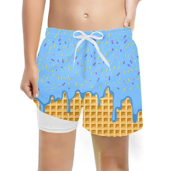 Hienoo Boys Swim Trunks Quick Dry Ice-Cream Print Swimming Shorts with Compression Liner