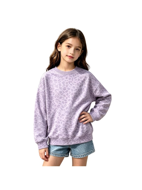 Casual Leopard Graphic Sweatshirts For Girls Fall Long Sleeve Crew Neck Pullover Sweatshirt