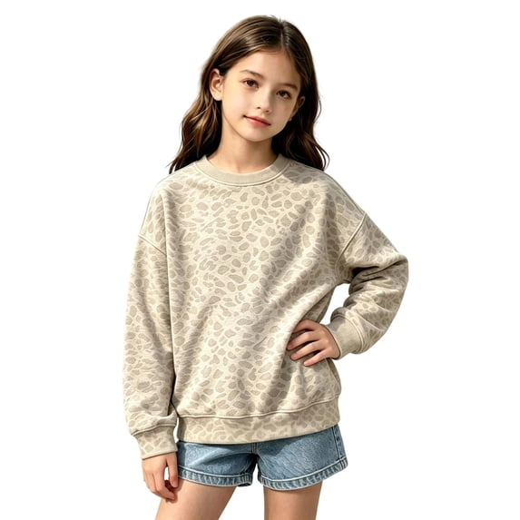 Hienoo Casual Leopard Graphic Sweatshirts For Girls Fall Long Sleeve Crew Neck Pullover Sweatshirt