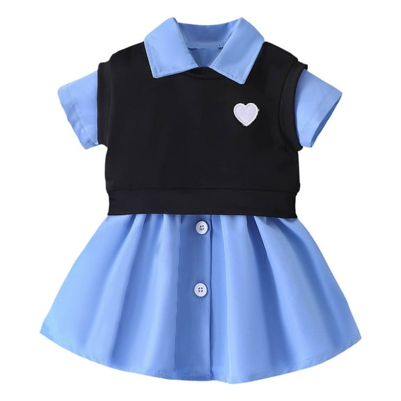Hienoo Girl's 2 Piece Outfits Short Sleeve Button Down Shirt Dress with Vest