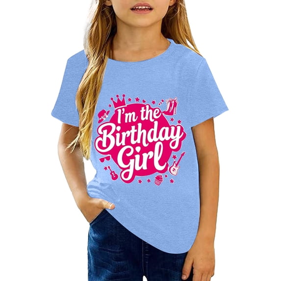 Hienoo Girl's Birthday T-Shirt Letter Print Short Sleeve Crew Neck T Shirt Top, Blue