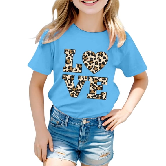 Hienoo Girl's Short Sleeve Crew Neck T-Shirt Casual Leopard Letter T Shirt, Sizes 3-13