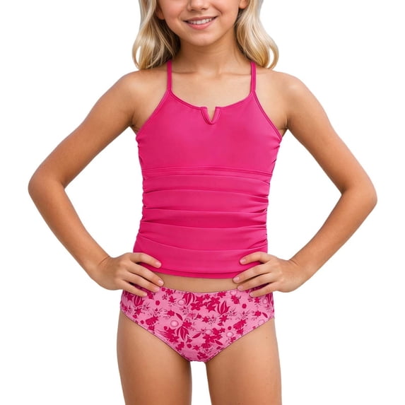 Hienoo Girls 2-Piece Ruched Tankini Swimsuits Beach Bathing Suit Swimwear, Sizes 4-14