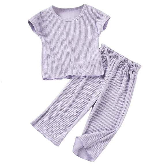 Hienoo Girls 2 Piece Summer Outfits Casual Knit Short Sleeve T-Shirt Pants Set