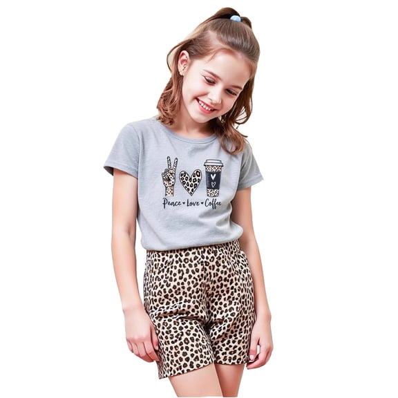 Hienoo Girls 2 Piece Summer Outfits Short Sleeve Graphic T-Shirt Leopard Shorts Set