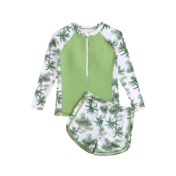 Hienoo Girls 2-Piece Swimsuit Long Sleeve Rash Guard Shorts UPF 50+ Bathing Suits, Sizes 14-15