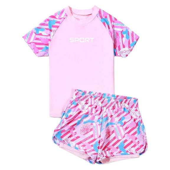 Hienoo Girls 2-Piece Swimsuit Quick Dry Short Sleeve Rashguard with Shorts Swimwear