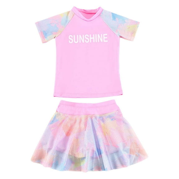 Hienoo Girls 2-Piece Swimsuit with Skirt Short Sleeve Rash Guard Bathing Suit