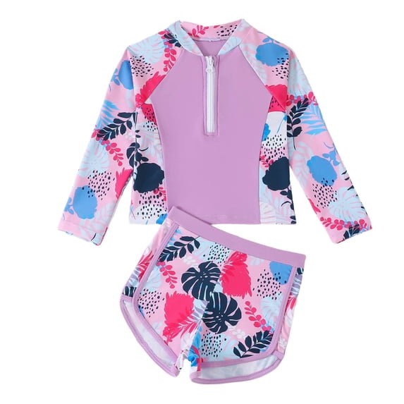 Hienoo Girls' 2-Piece Swimsuits Long Sleeve Zip Up Rash Guard and Swim Shorts, Sizes 3-7