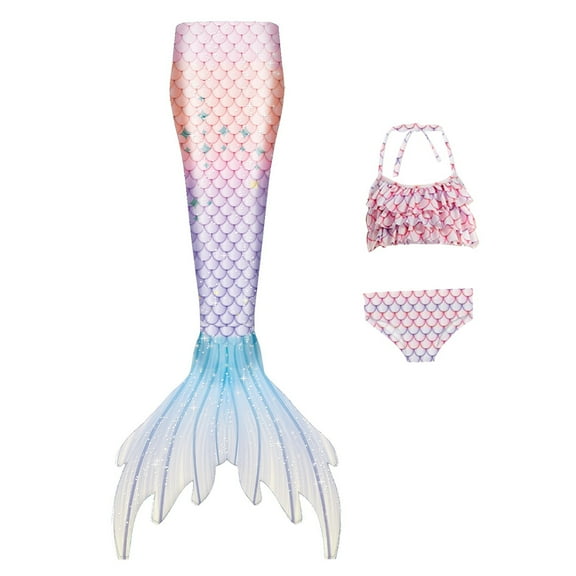 Hienoo Girls 3-Piece Swimsuit Princess Ruffle Bikini Fish Tail Set Bathing Suit, Sizes 4-9