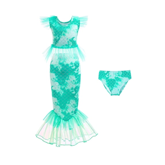 Hienoo Girls 3-Piece Swimsuit Ruffle Tankini Set with Fishtail Skirt Bathing Suit, Sizes 10-11