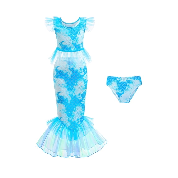 Hienoo Girls 3-Piece Swimsuit Ruffle Tankini Set with Fishtail Skirt Bathing Suit, Sizes 4-5